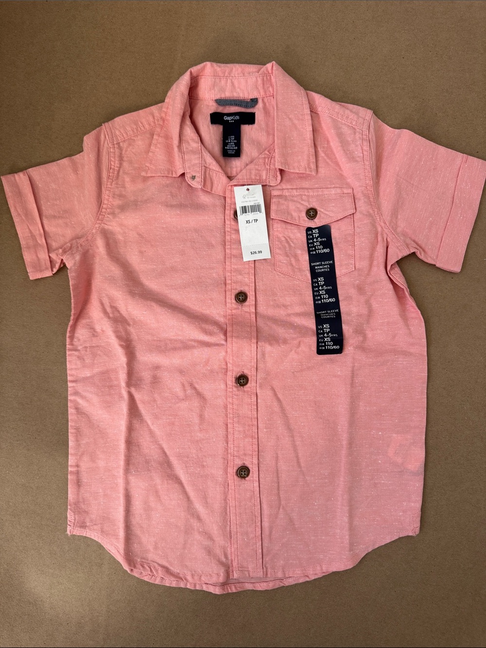 NWT Cotton/Linen Boys XS 4-5 GAP Short-Sleeve Button-Down Shirt - Salmon Pink